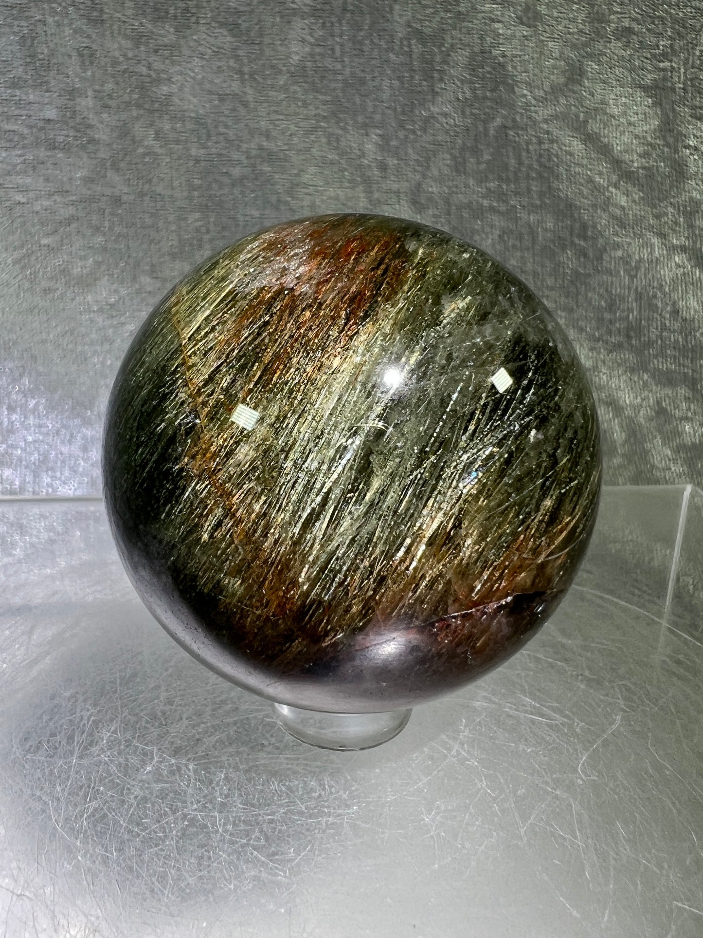 Tourmalinated Quartz Sphere. 52mm. Gorgeous Red And Green Tourmaline Inclusions. Rare And Unique Display Sphere.