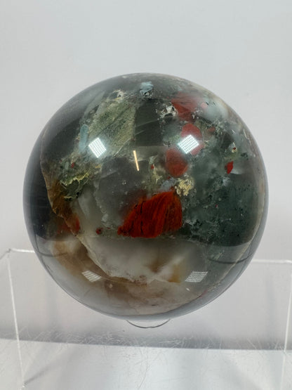African Bloodstone Sphere From Swaziland. 66mm. Gorgeous Pyrite And Red Jasper Inclusions With Crazy Mosaic Patterns And Colors.
