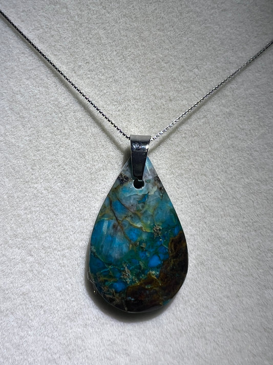 Chrysocolla Teardrop Pendant. Rare Water And Wine Chrysocolla From Peru. Stunning Color Combination. Includes S925 Silver Necklace.