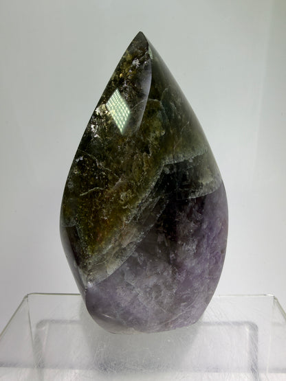 Amethyst Cacoxenite Flame. Stunning Purple Smoky Amethyst Polished Flame From Brazil. Beautiful Amethyst Display Crystal