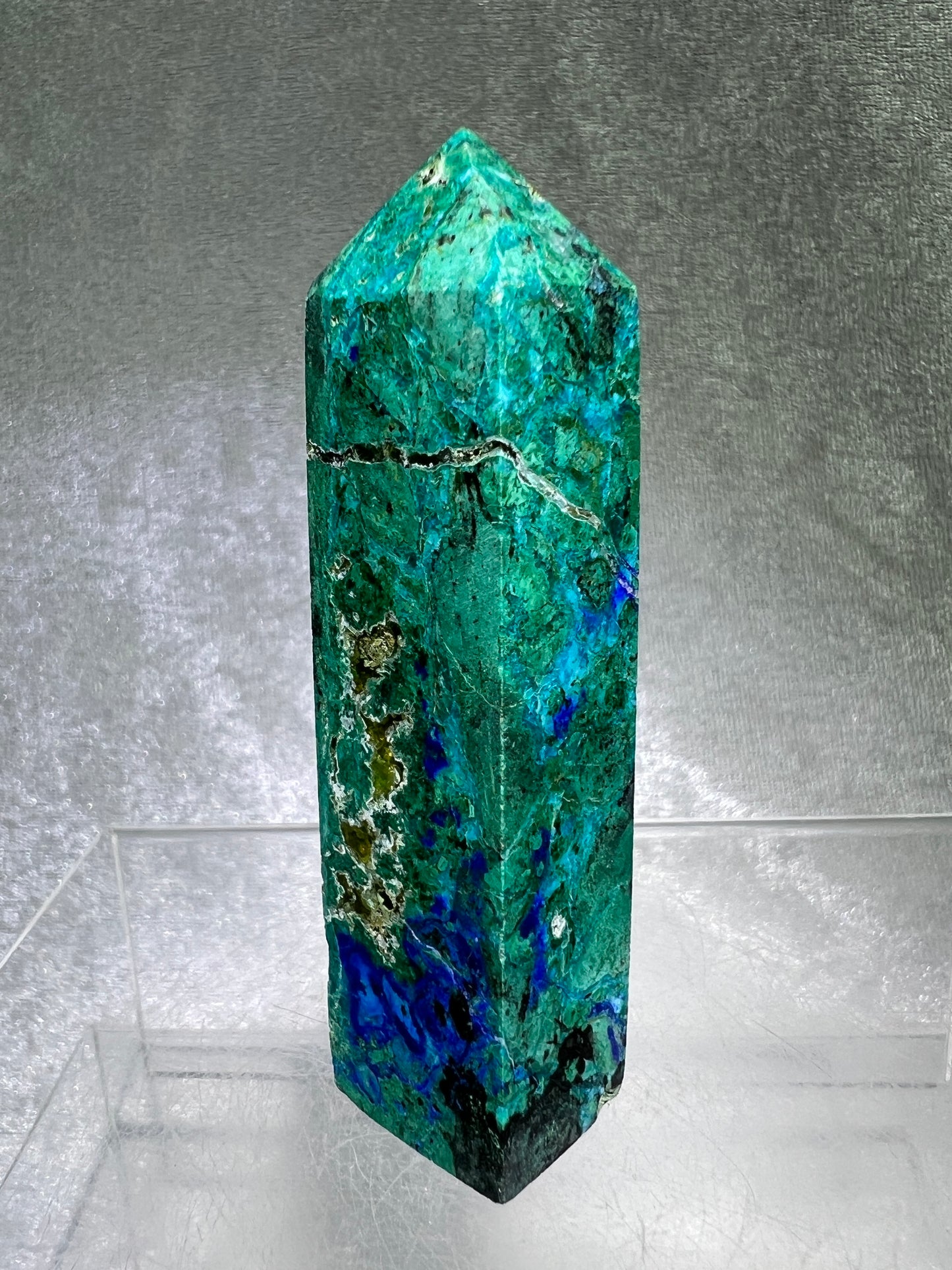 Azurite, Chrysocolla, And Malachite Druzy Tower. Rare And Beautiful Crystal Point.