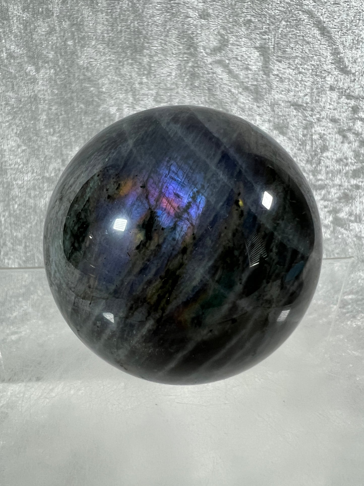 Labradorite Crystal Sphere. 62mm. Gorgeous Purple Rainbow Flash. Rare Color Display Sphere.