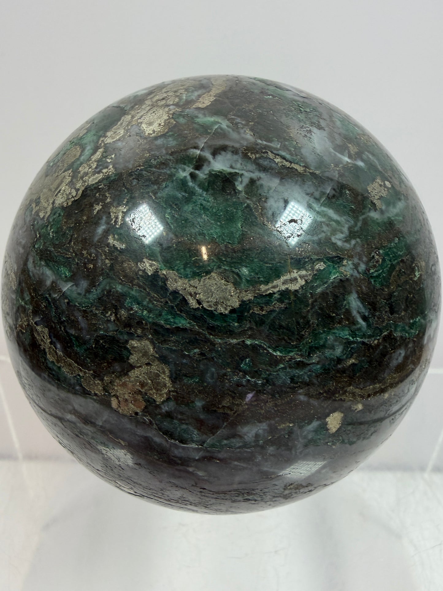 Atacamite And Pyrite Sphere. 64mm. High Quality Rare Sphere. Gorgeous Color Combination.