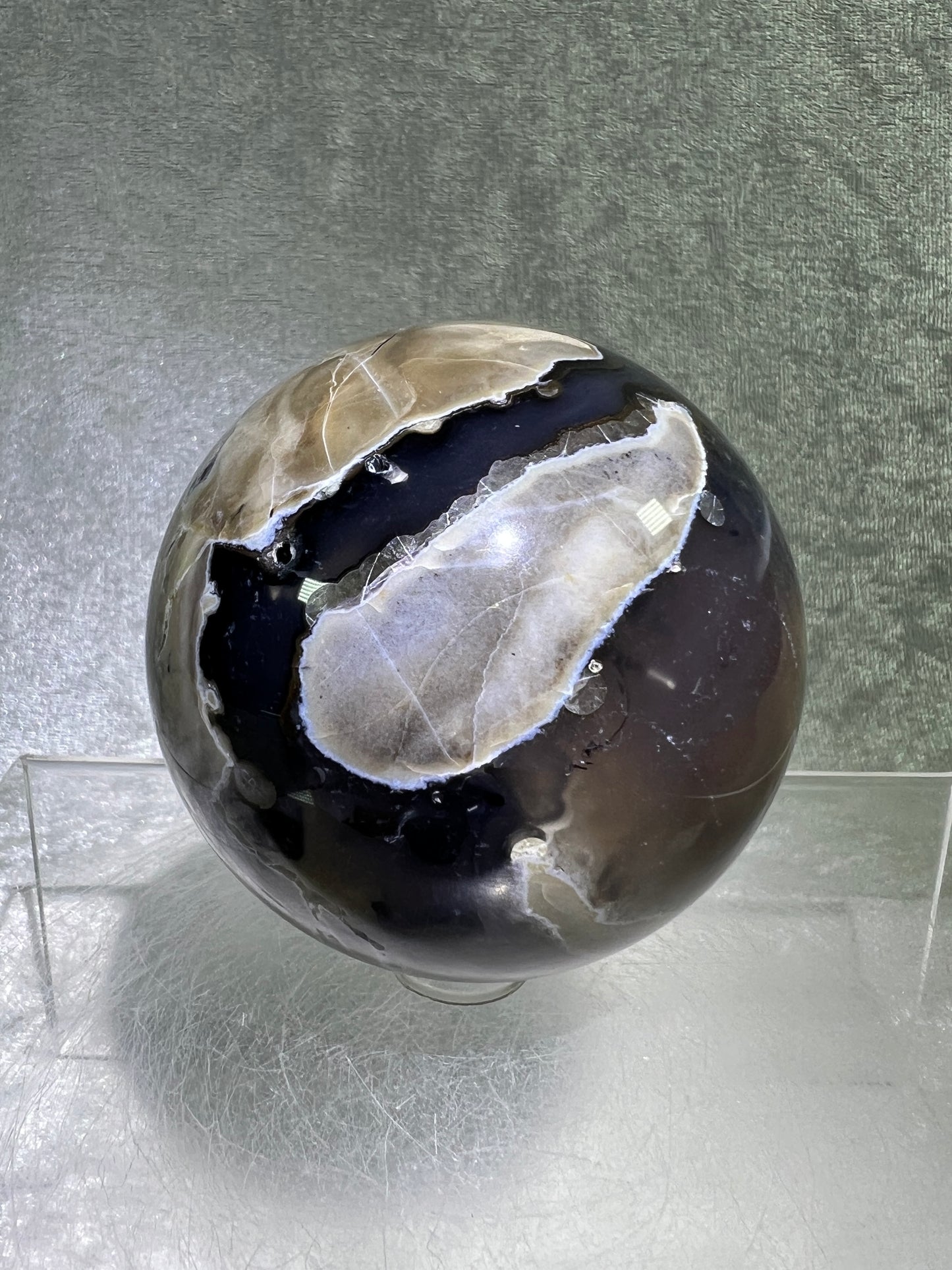 Volcano Agate With Purple Chalcedony Sphere. 68mm. Beautiful Rare Purple And Green UV Reaction. Amazing High Quality Display Sphere.