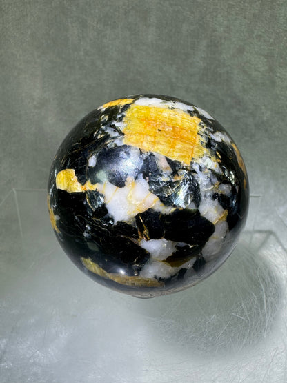Yellow Tourmaline And Black Mica Sphere. 62mm. Rare New Discovery. Stunning And Flashy Display Sphere.