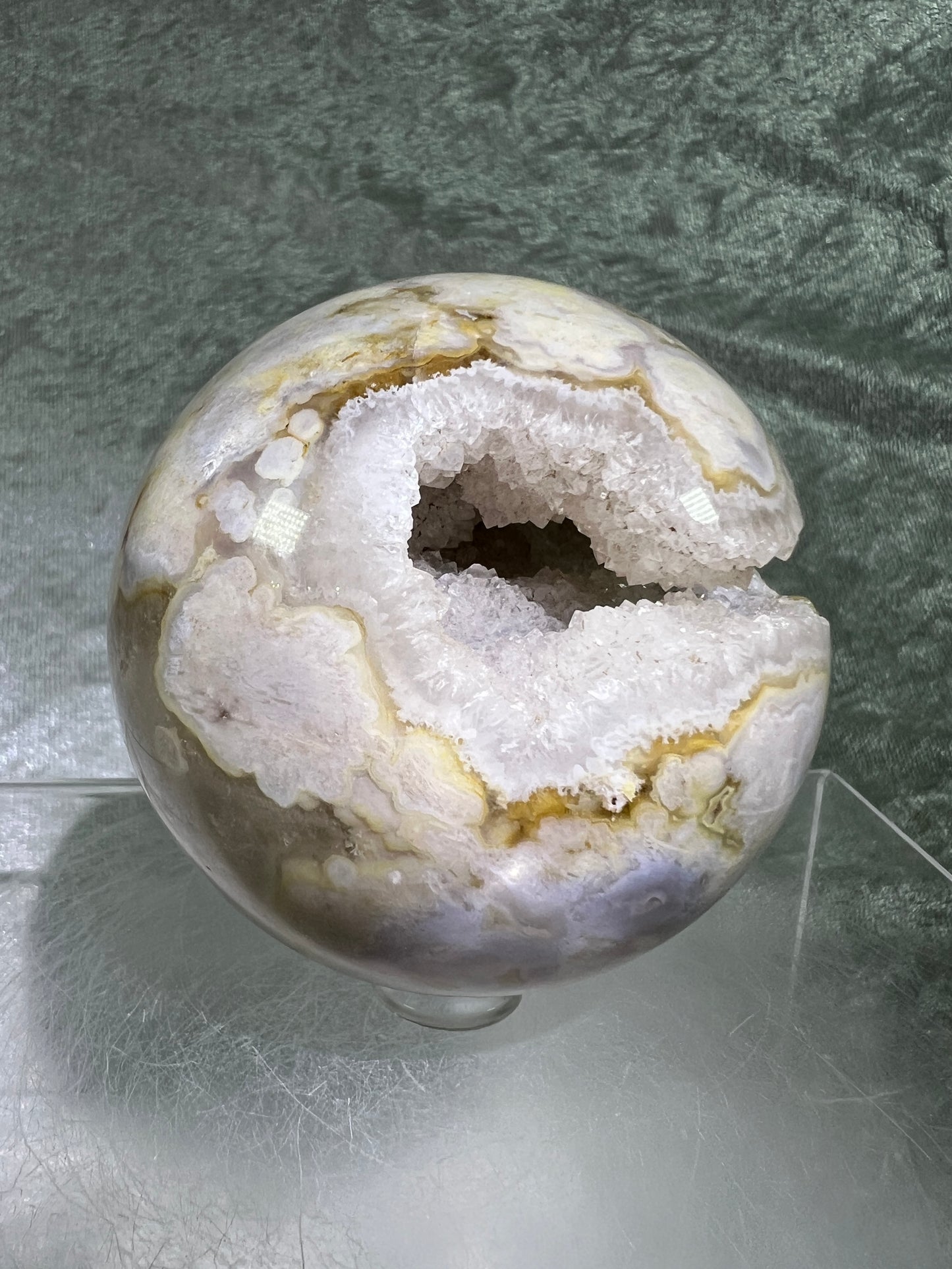 Flower Agate Sphere. 69mm. Amazing Druzy On This Beauty. Gorgeous One Of A Kind Display Sphere.