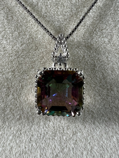 Mystic Topaz Crystal Pendant. S925 Silver Setting And Necklace. Gorgeous Mystic Topaz Gemstone.