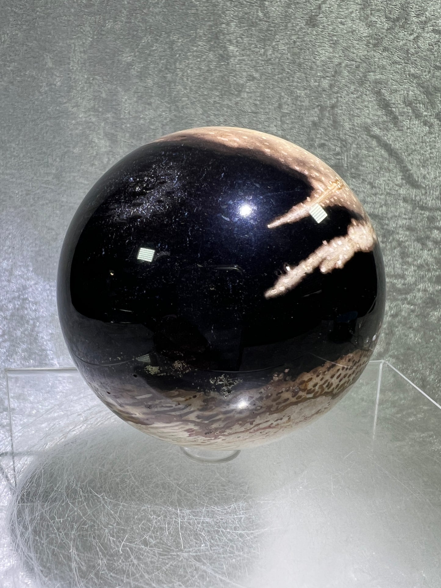 Palm Root Agate Sphere. 77mm. Gorgeous Fossilized Black Palm Root Agate. Very High Quality Crystal Sphere.