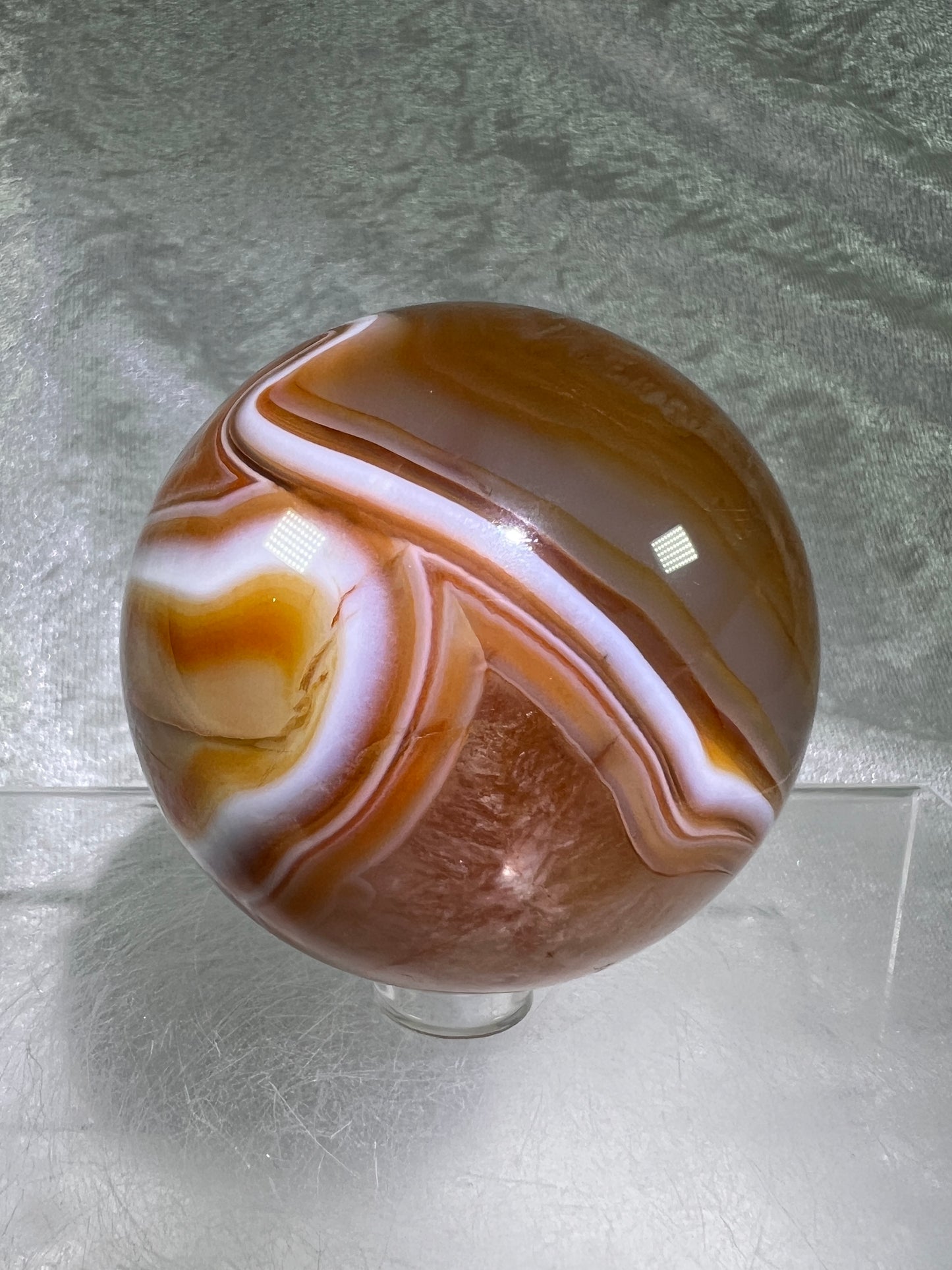Carnelian Agate Sphere. 63mm. Gorgeous High Quality Display Sphere. Incredible Colors And Banding