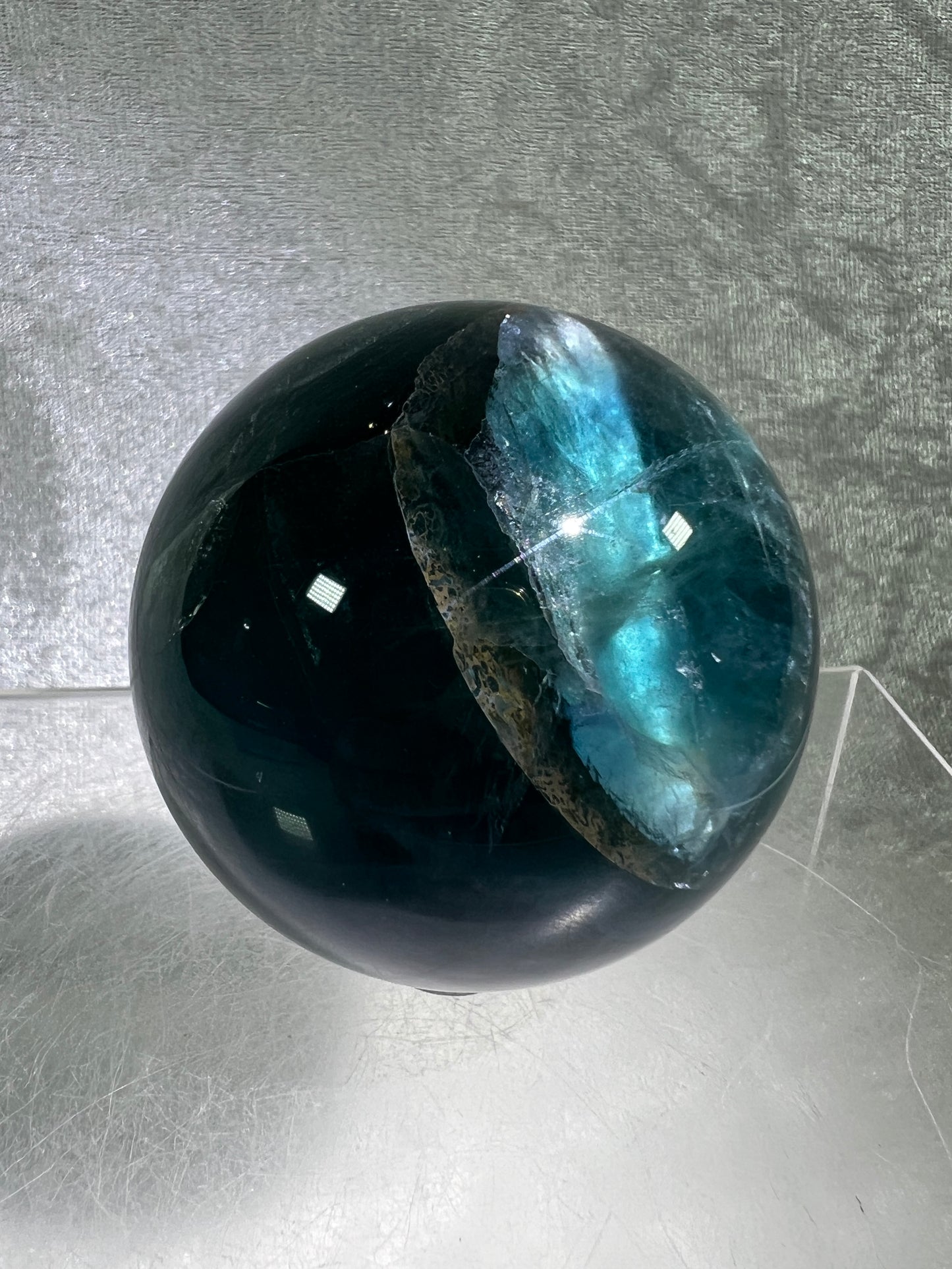 Blue Fluorite Sphere. 61mm. Gorgeous Rare Blue Fluorite. Amazing Dendritic And Rainbow Inclusions.