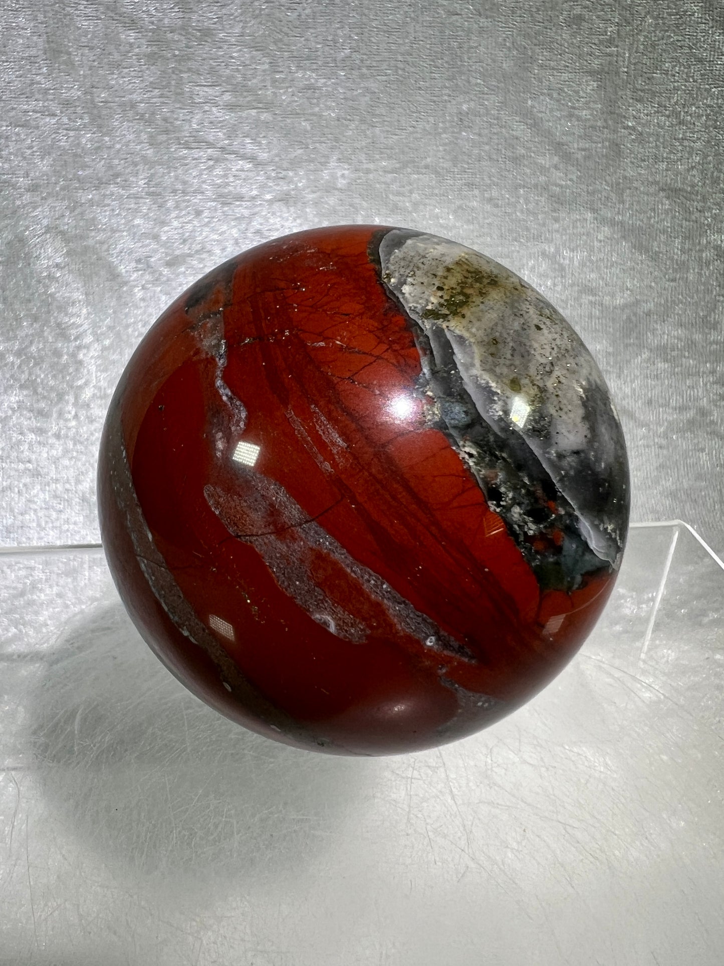 African Bloodstone Sphere From Swaziland. 63mm. Gorgeous Pyrite And Red Jasper Inclusions With Crazy Mosaic Patterns And Colors.
