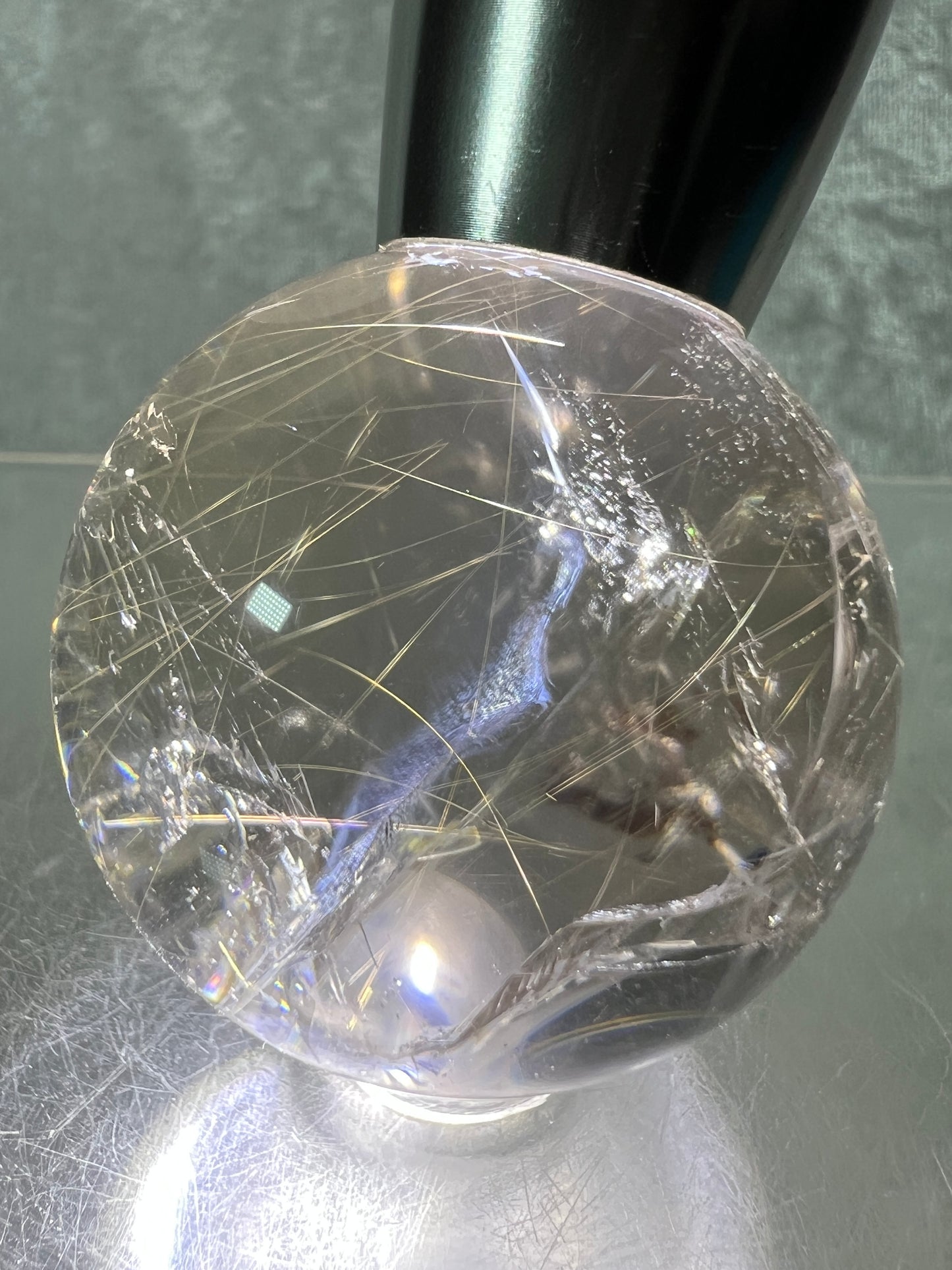 Rutile Quartz Sphere. Amazing Rainbows! Light Smoky Quartz With Stunning Golden Rutile Inclusions.