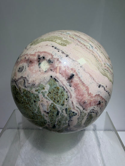 Rhodochrosite Crystal Sphere. 92mm. XL Rare Druzy Display Sphere. Amazing Druzy And Banding