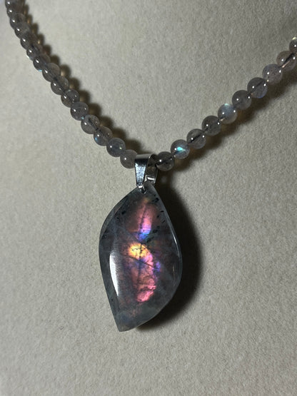 Labradorite Crystal Pendant. Stunning High Quality Jewelry. Custom Made Labradorite Beaded Necklace