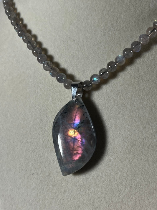 Labradorite Crystal Pendant. Stunning High Quality Jewelry. Custom Made Labradorite Beaded Necklace