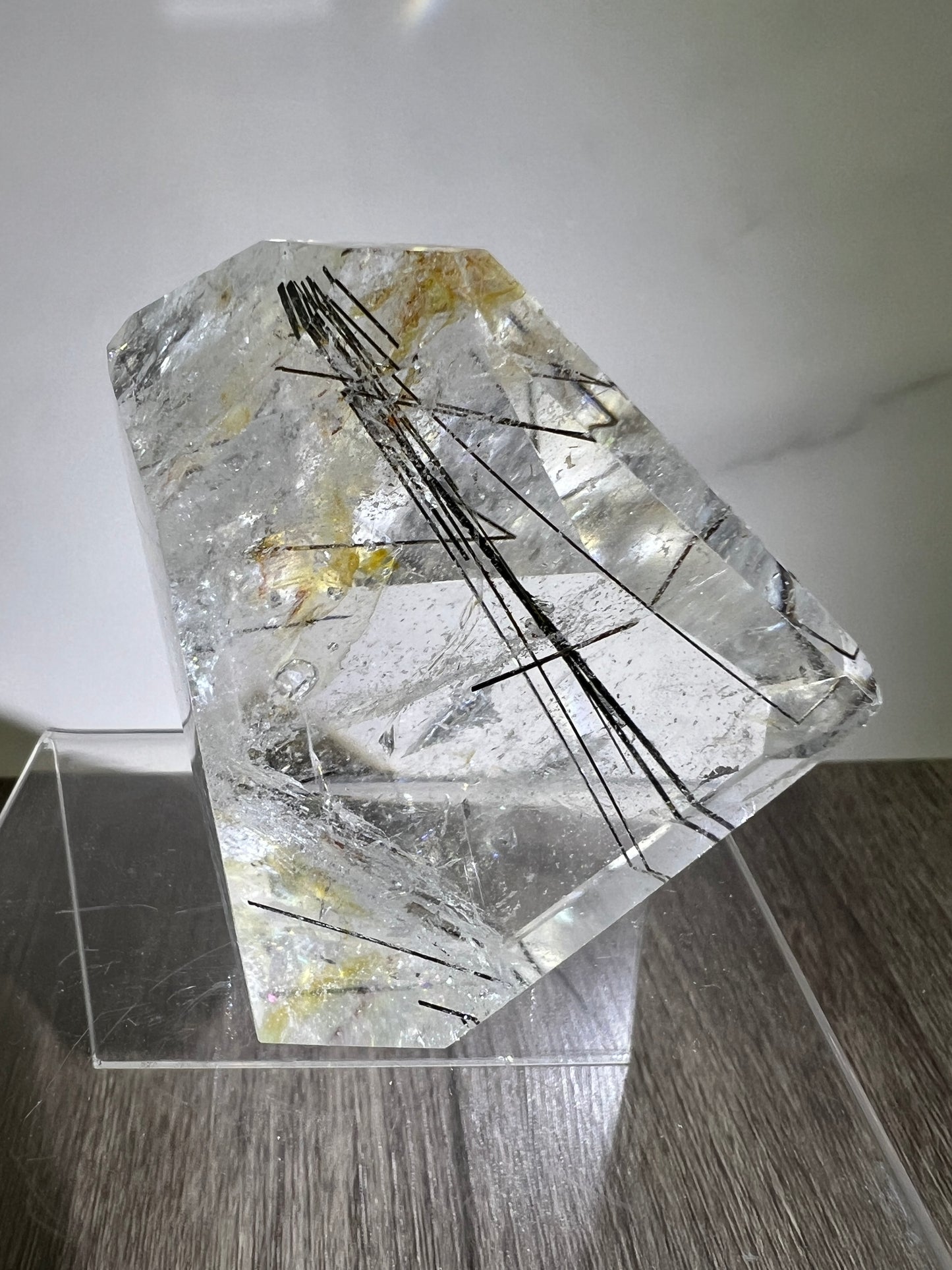 Tourmalinated Quartz Polished Freeform. Amazing Black Tourmaline, Golden Healer, And Large Rainbows.