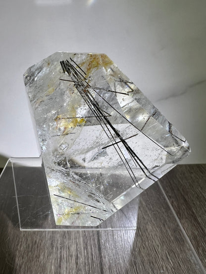 Tourmalinated Quartz Polished Freeform. Amazing Black Tourmaline, Golden Healer, And Large Rainbows.