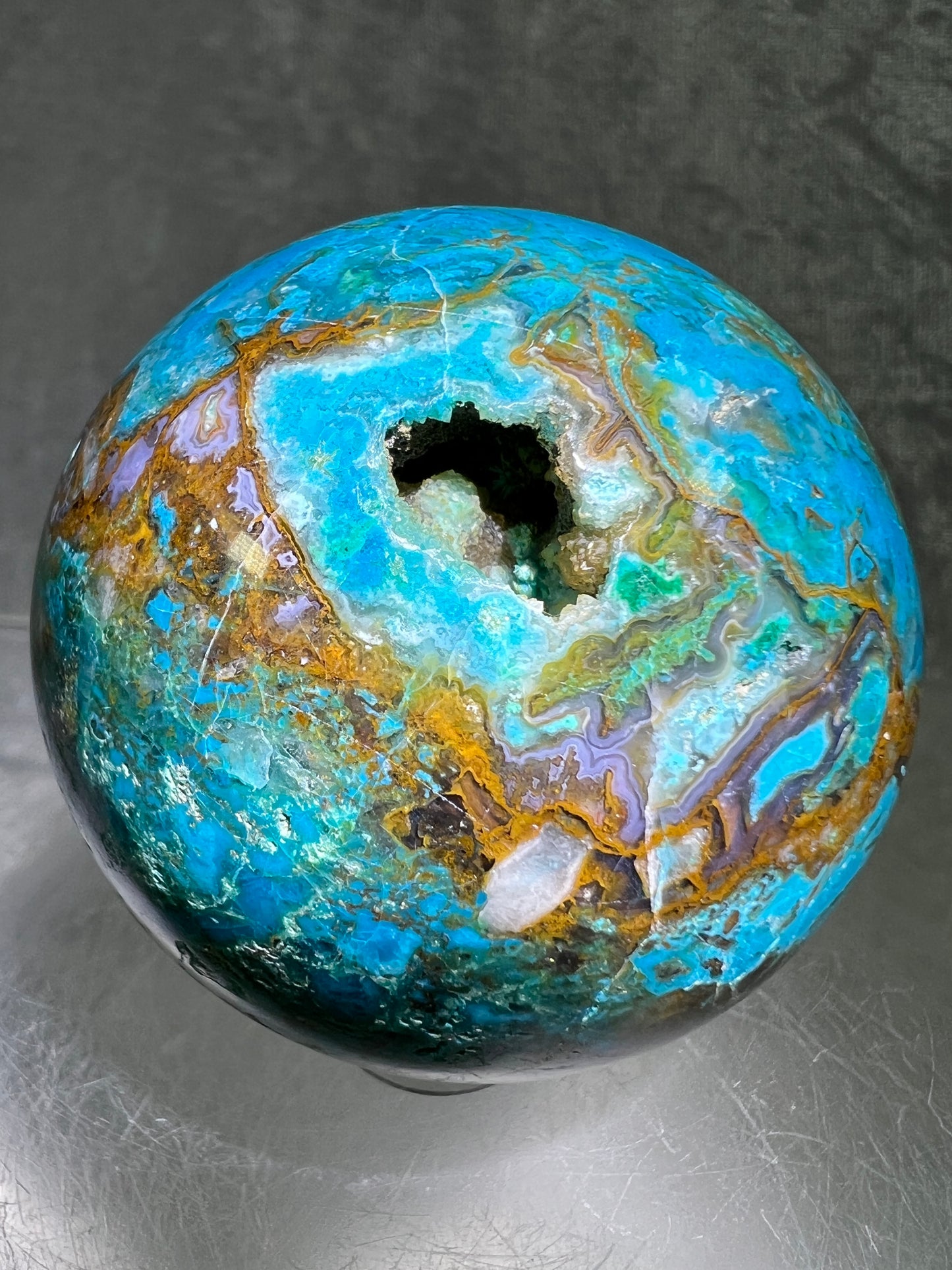 Chrysocolla Druzy Sphere. 56mm. Amazing Patterns With Vibrant Colors. Gorgeous Druzy With Rare Spots Of Purple.
