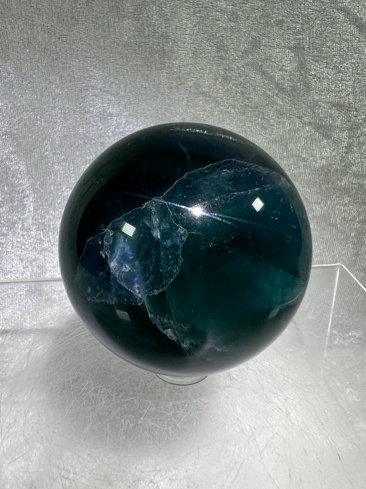 Blue Fluorite Sphere. 61mm. Gorgeous Rare Blue Fluorite. Amazing Dendritic And Rainbow Inclusions.