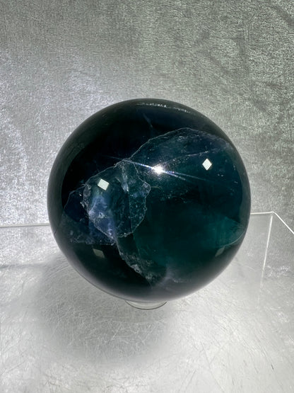 Blue Fluorite Sphere. 61mm. Gorgeous Rare Blue Fluorite. Amazing Dendritic And Rainbow Inclusions.