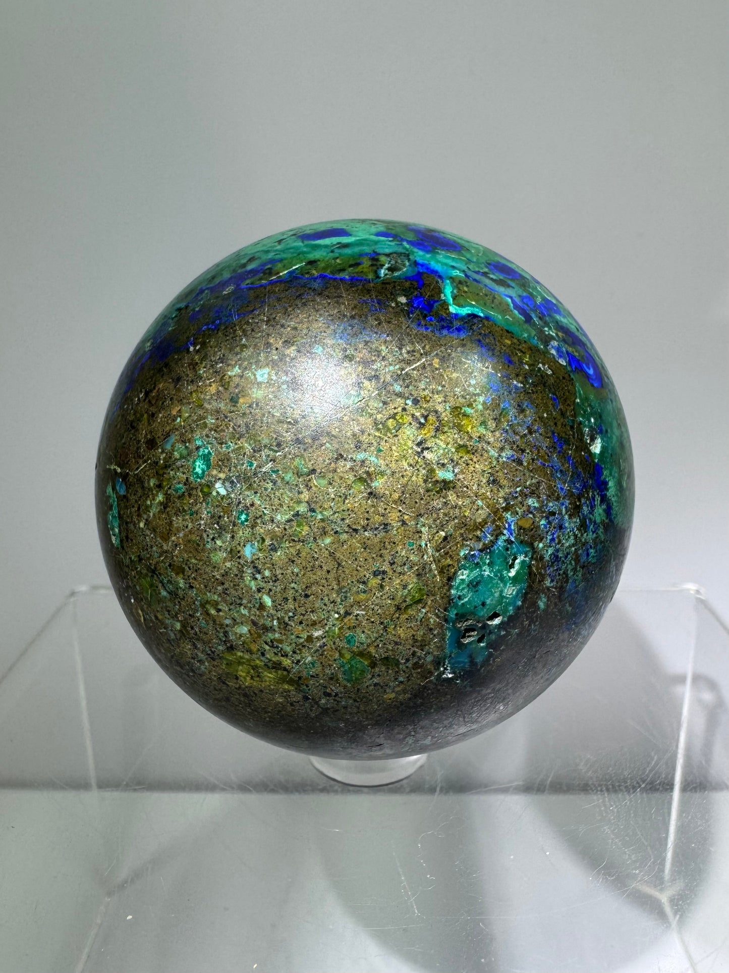 Azurite and Malachite Crystal Sphere. 61mm. Beautiful Deep Colors And Patterns. Stunning Rare Display Piece!