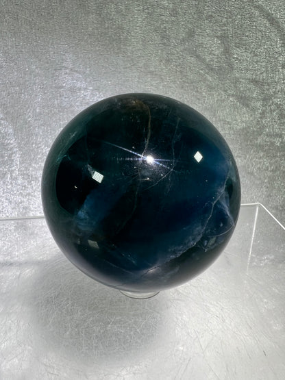 Blue Fluorite Sphere. 61mm. Gorgeous Rare Blue Fluorite. Amazing Dendritic And Rainbow Inclusions.