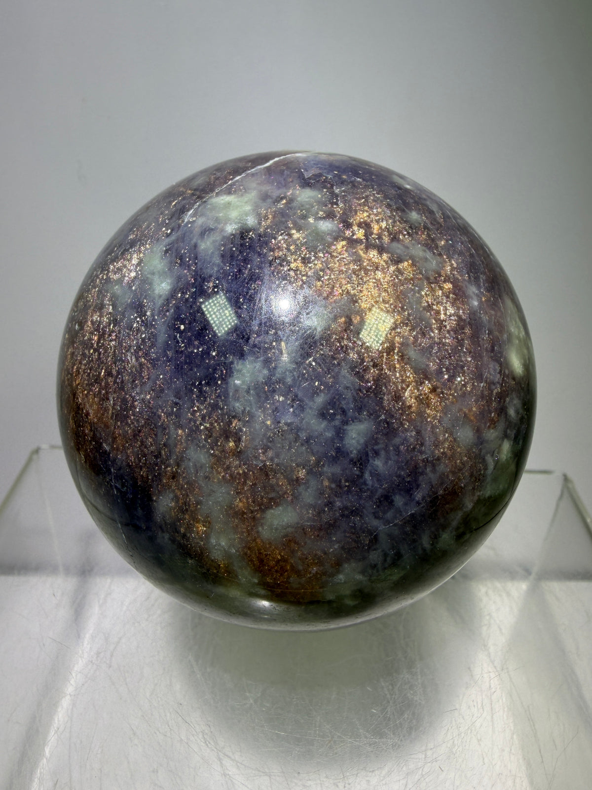 Bloodshot Iolite Sphere. 67mm. Rare Galaxy Iolite Sunstone Display Sphere. Amazing And Colorful Flash!