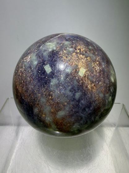 Bloodshot Iolite Sphere. 67mm. Rare Galaxy Iolite Sunstone Display Sphere. Amazing And Colorful Flash!