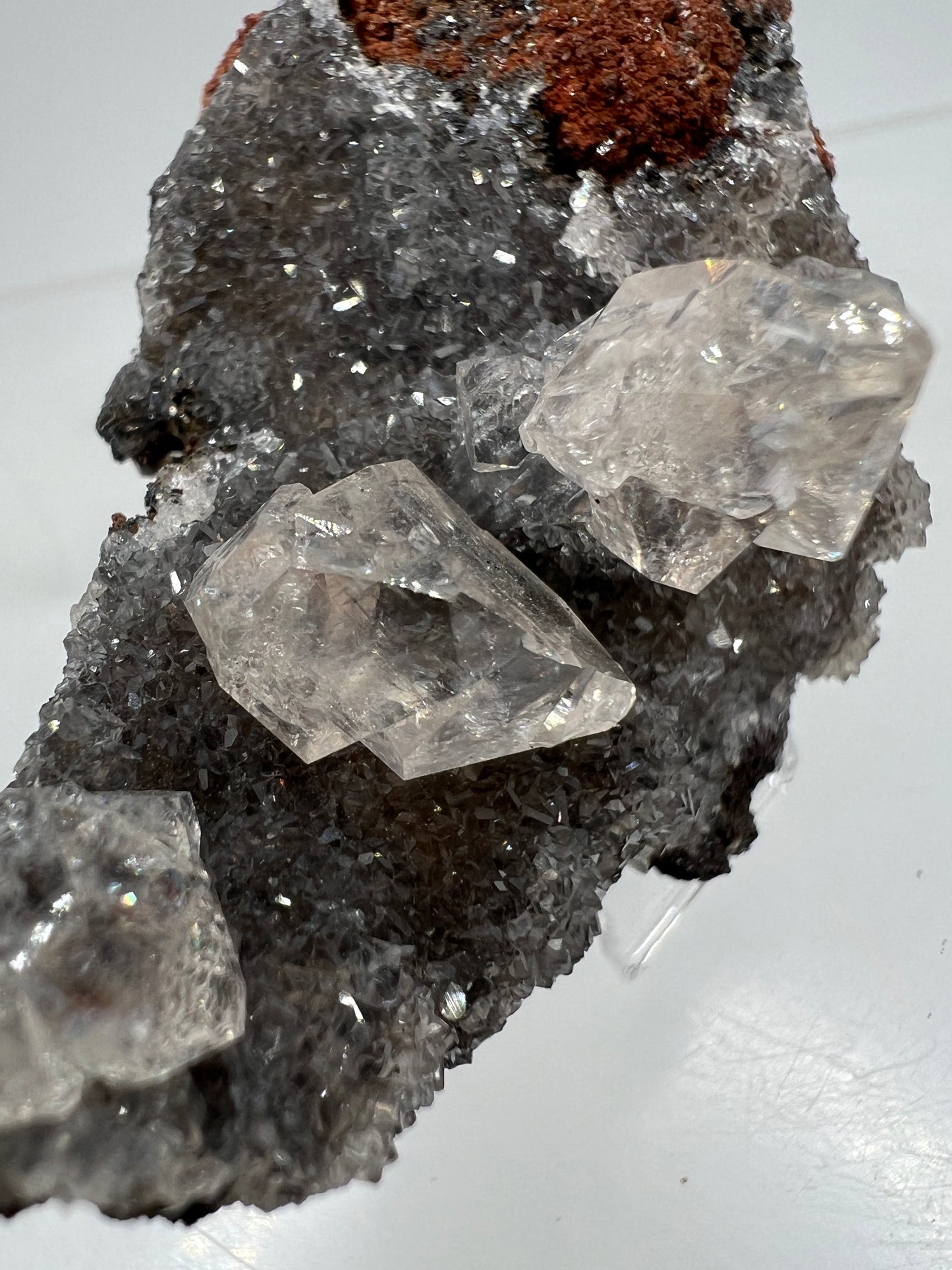 Black Diamond Calcite Specimen. Amazing Silver, Black, And Red Druzy Flash! Beautiful Calcite Crystals On Matrix. High Quality Display Piece