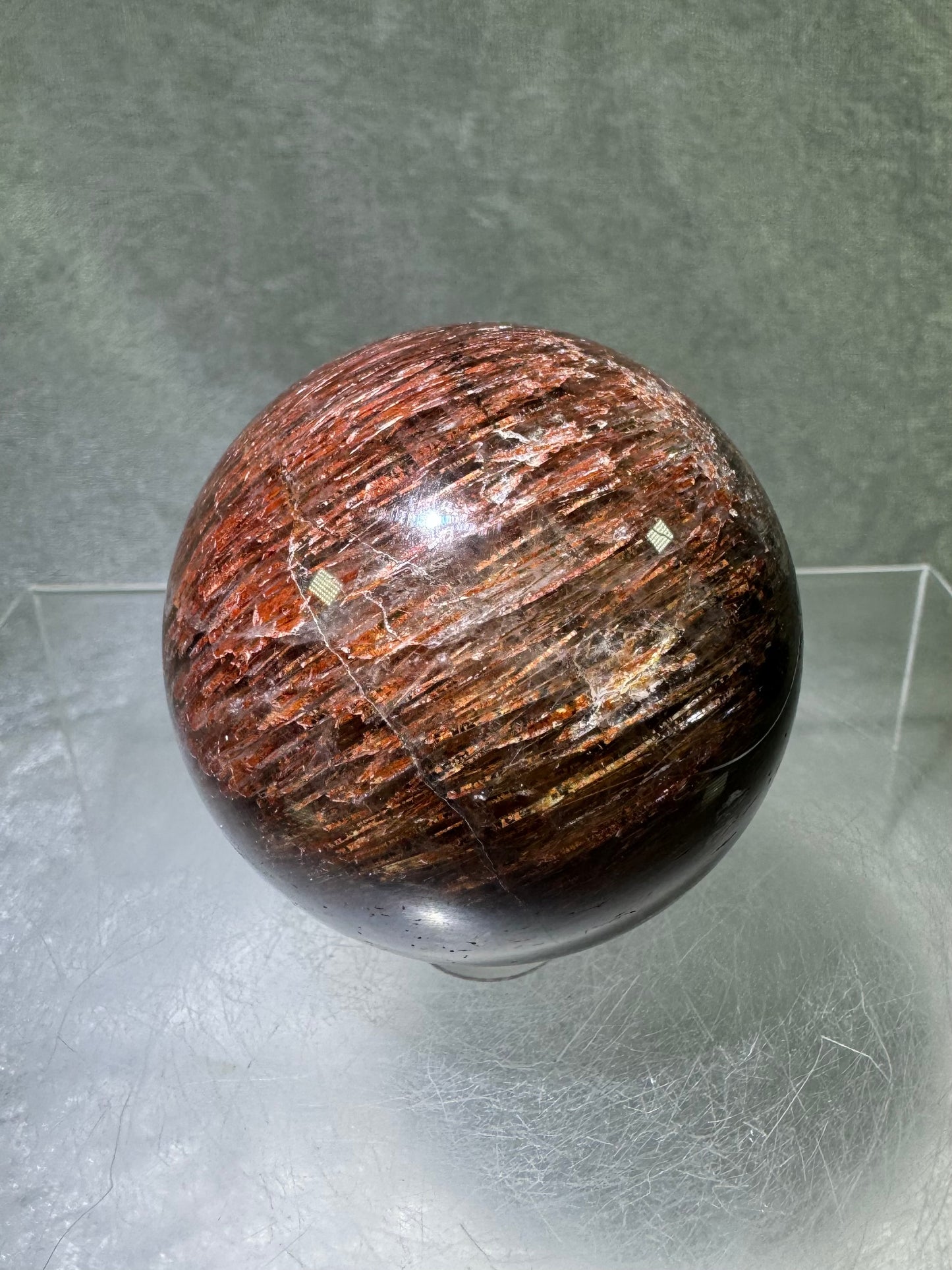 Tourmalinated Quartz Sphere. 54mm. Gorgeous Red Tourmaline Inclusions. Unique And Rare Display Sphere.