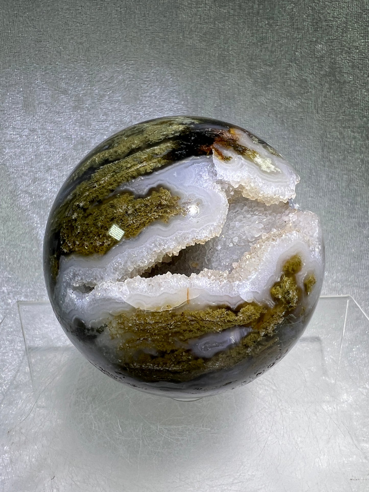 Moss Agate Sphere. 76mm. Amazing Druzy Scenic Moss Agate. Rare Colors With Gorgeous Patterns.