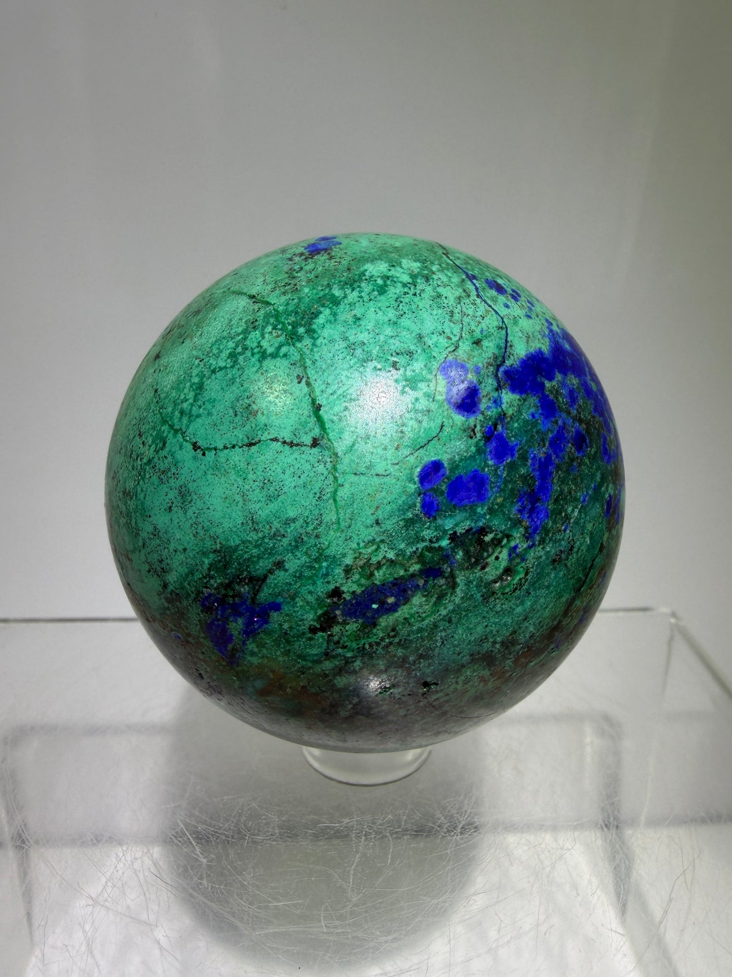 Azurite and Malachite Crystal Sphere. 56mm. Beautiful Deep Colors And Patterns. Stunning Rare Display Piece!