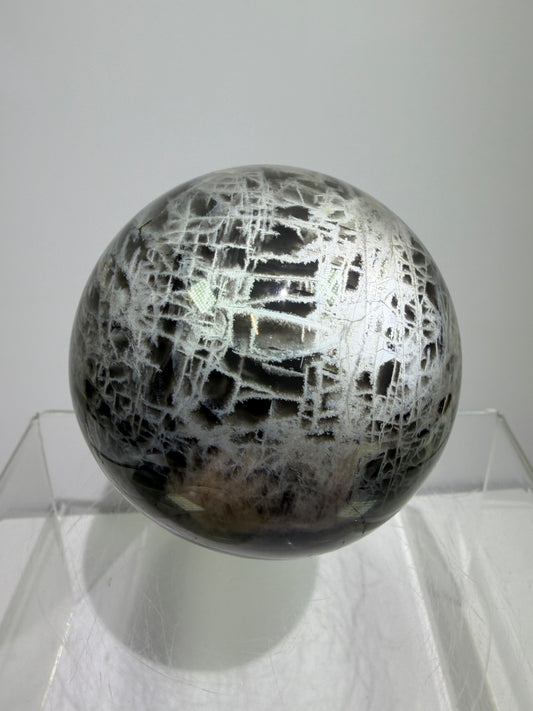 Black Moonstone Crystal Sphere. 66mm. Stunning Bright Silver Flash. High Quality Display Sphere