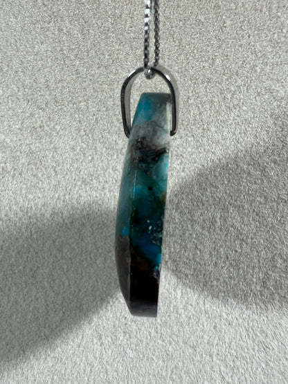 Chrysocolla Teardrop Pendant. Rare Water And Wine Chrysocolla From Peru. Stunning Color Combination. Includes S925 Silver Necklace.