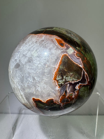 Money Agate Crystal Sphere. 72mm. Very Rare Shades Of Green. Stunning Indonesian Bloodstone. Amazing Colors And Patterns