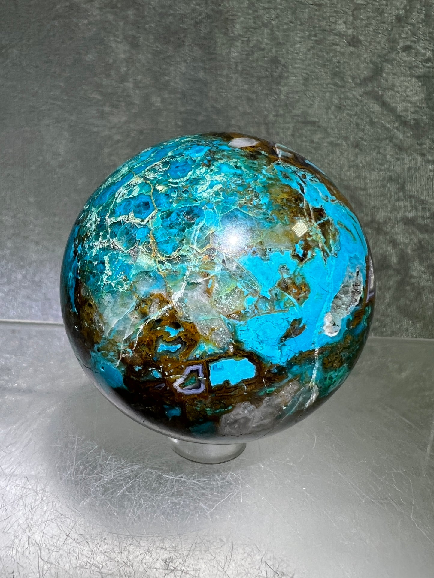 Chrysocolla Druzy Sphere. 56mm. Amazing Patterns With Vibrant Colors. Gorgeous Druzy With Rare Spots Of Purple.