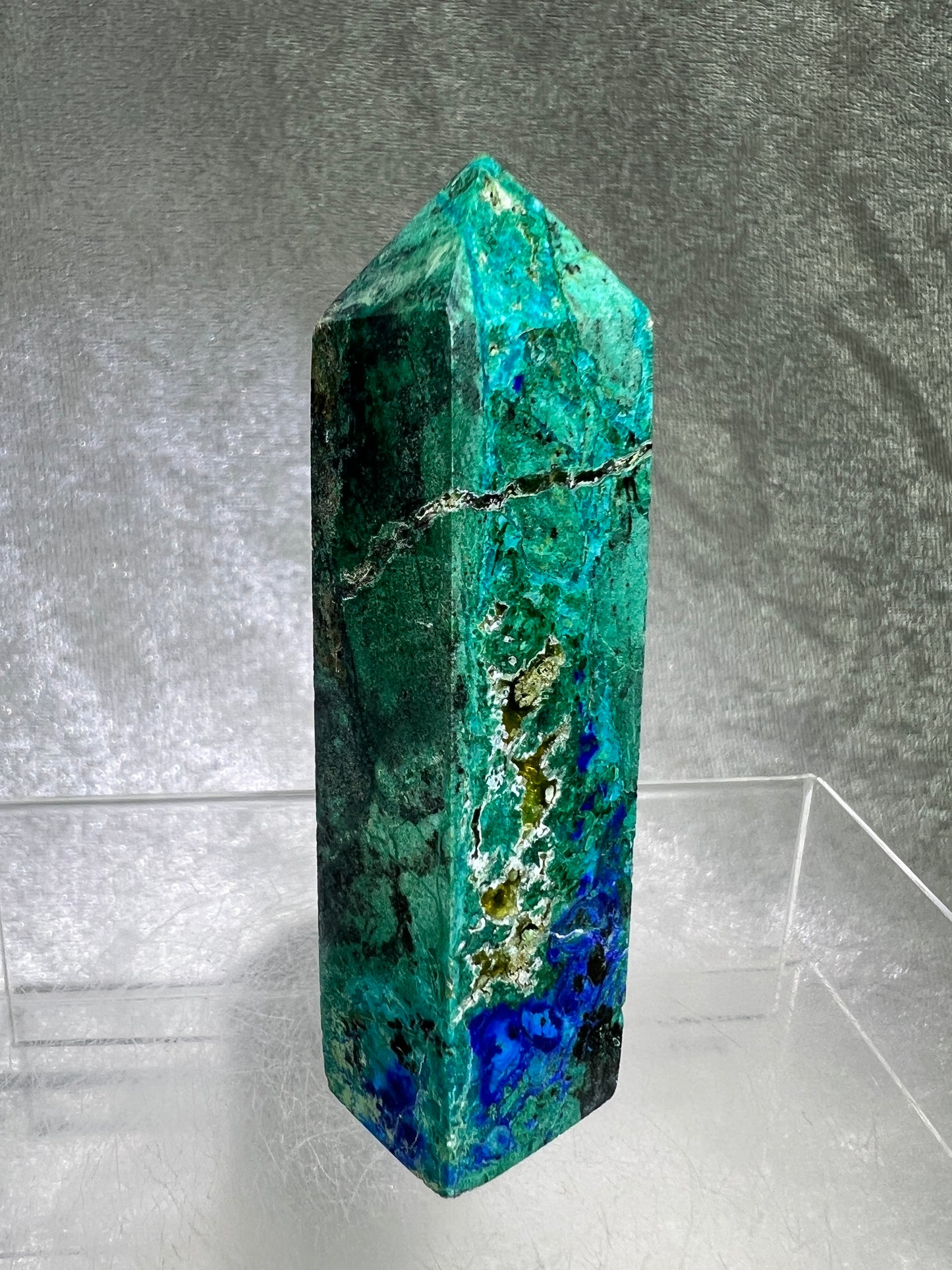 Azurite, Chrysocolla, And Malachite Druzy Tower. Rare And Beautiful Crystal Point.