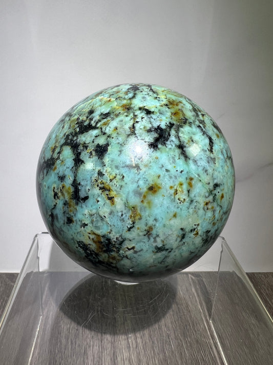 African Turquoise Crystal Sphere. 74mm. Incredible Chrysocolla From South Africa. Very Rare Display Sphere.