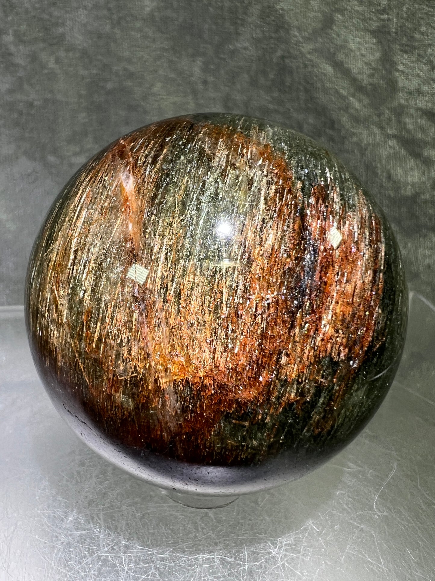 Tourmalinated Quartz Sphere. 52mm. Gorgeous Red And Green Tourmaline Inclusions. Rare And Unique Display Sphere.