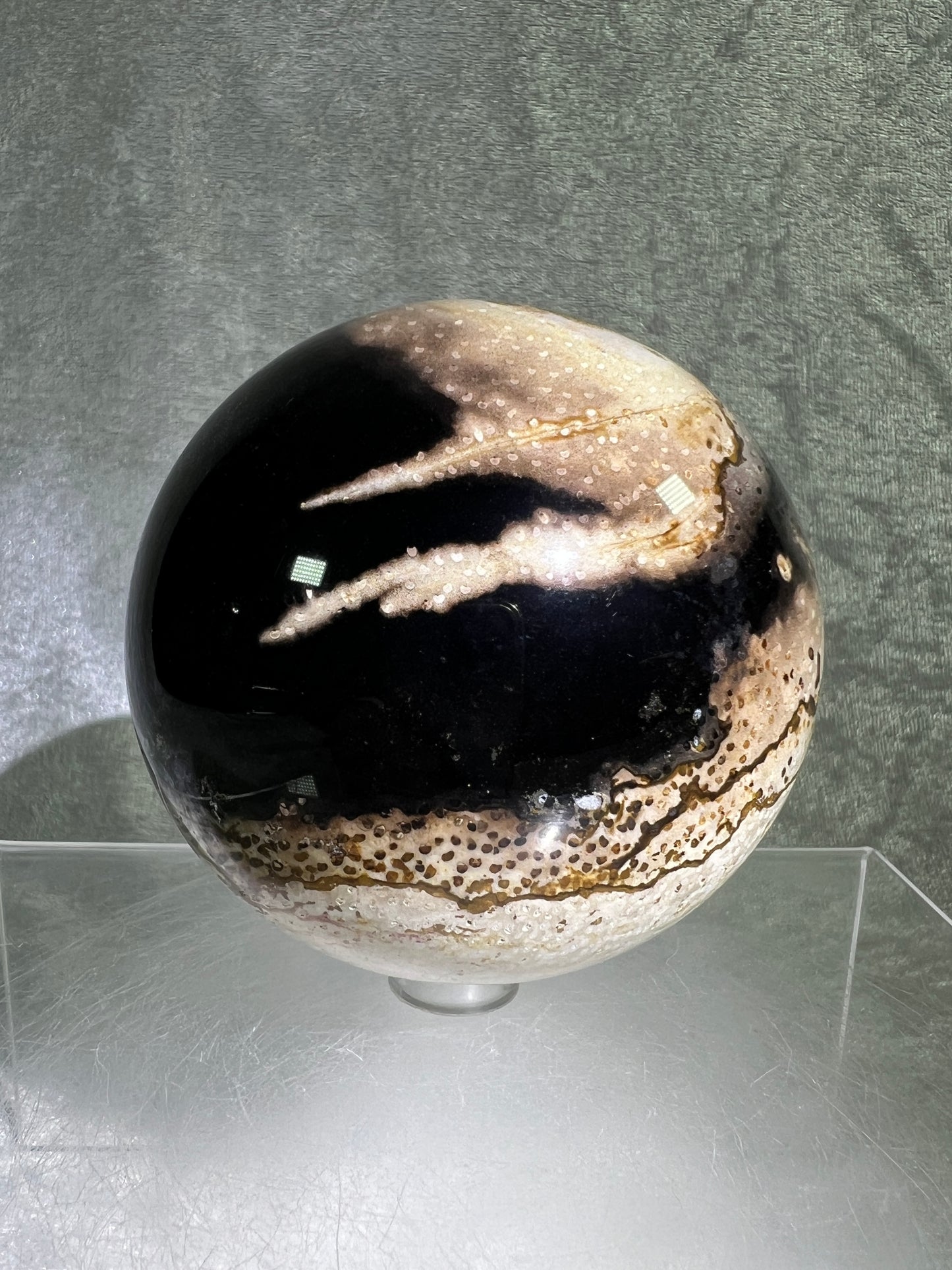 Palm Root Agate Sphere. 77mm. Gorgeous Fossilized Black Palm Root Agate. Very High Quality Crystal Sphere.