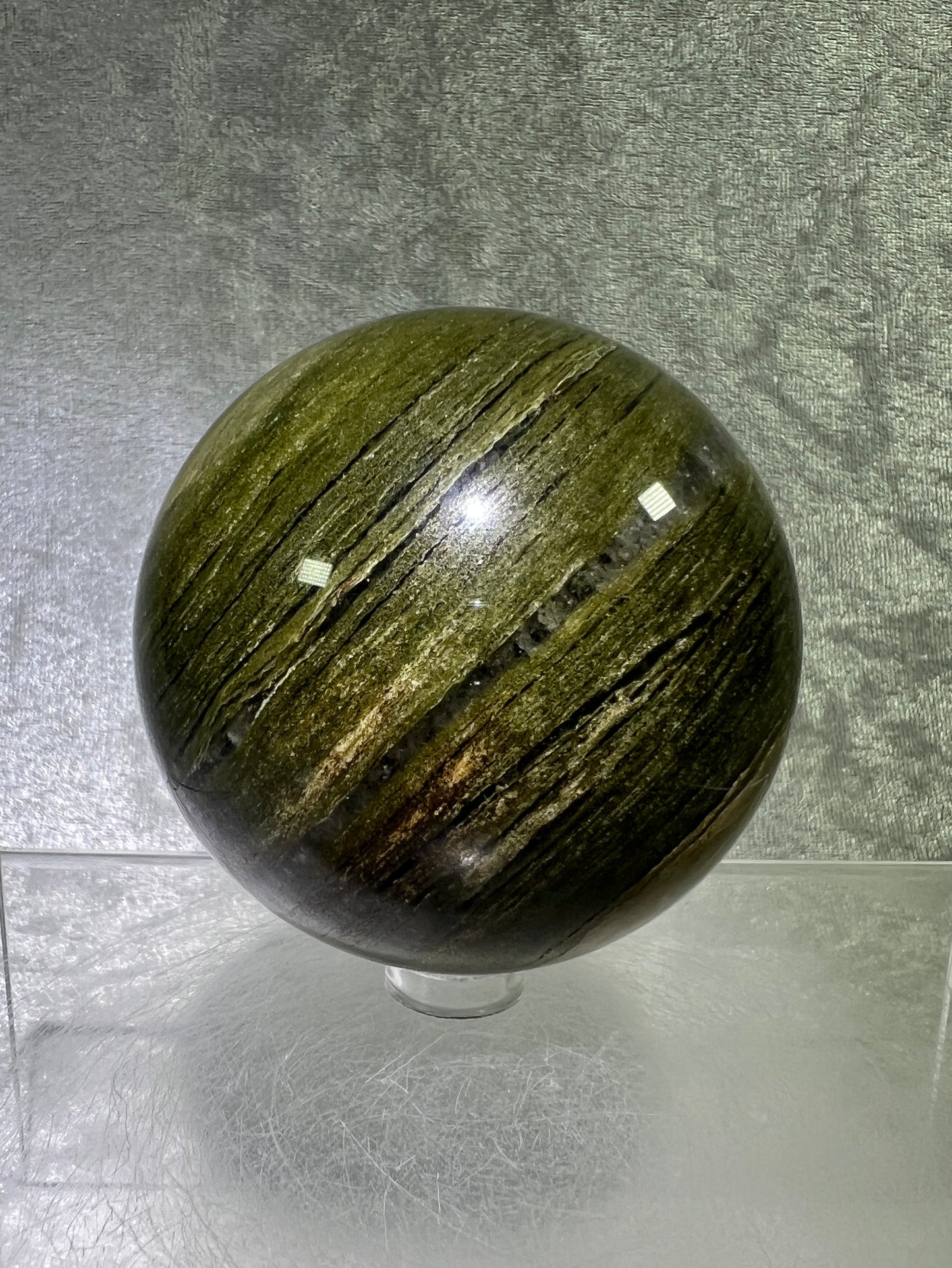 Vesuvianite Crystal Sphere. 71mm. High Quality Idocrase Display Sphere. Incredible Banding And Patterns.