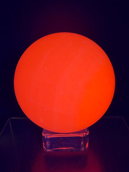 Mangano Calcite Sphere. 70mm. Very Intense Orange UV Reaction. Large High Quality Display Crystal.