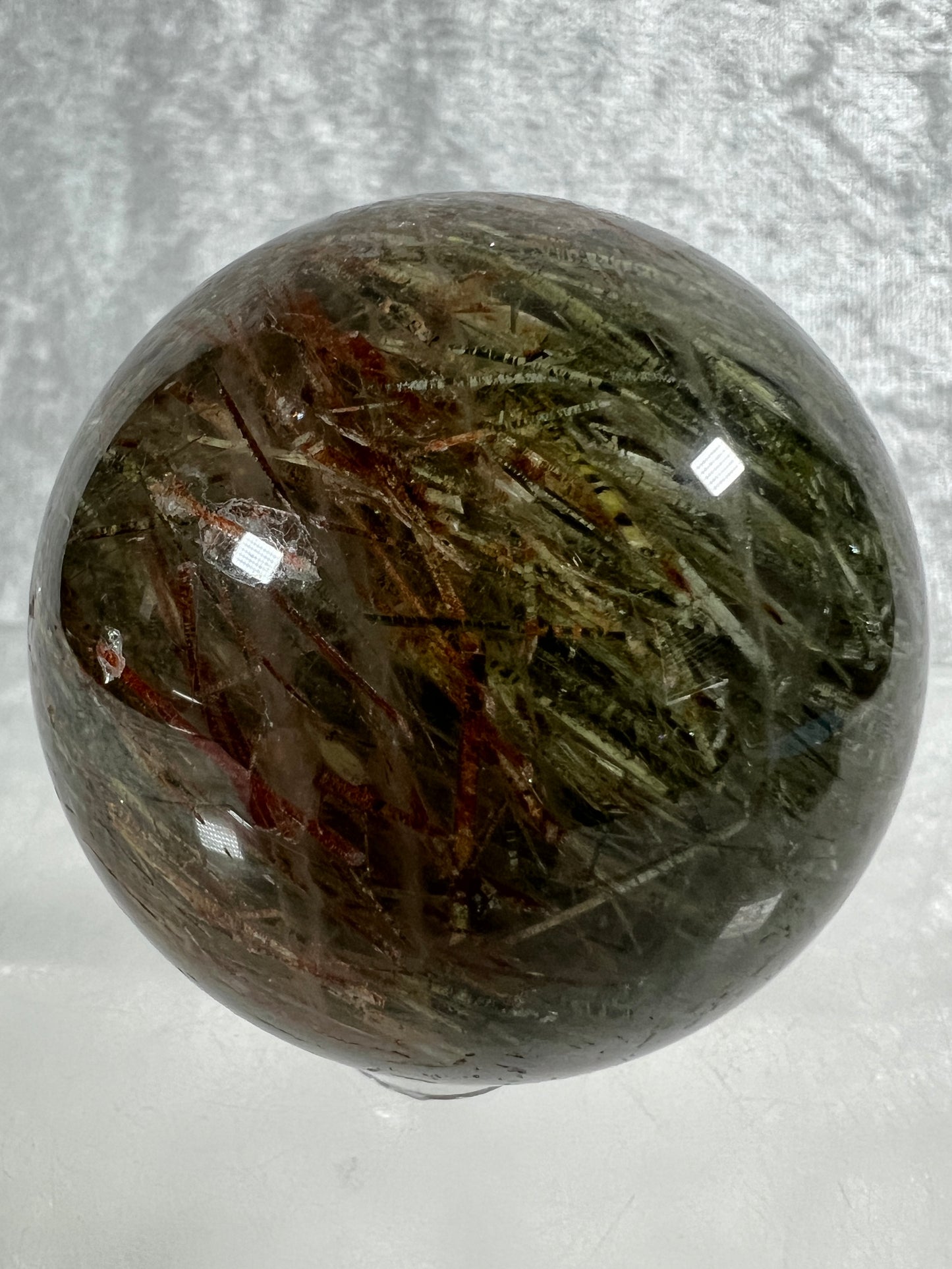 Tourmalinated Quartz Sphere. 56mm. Amazing Green And Red Tourmaline Inclusions. Stunning Rare Display Sphere.