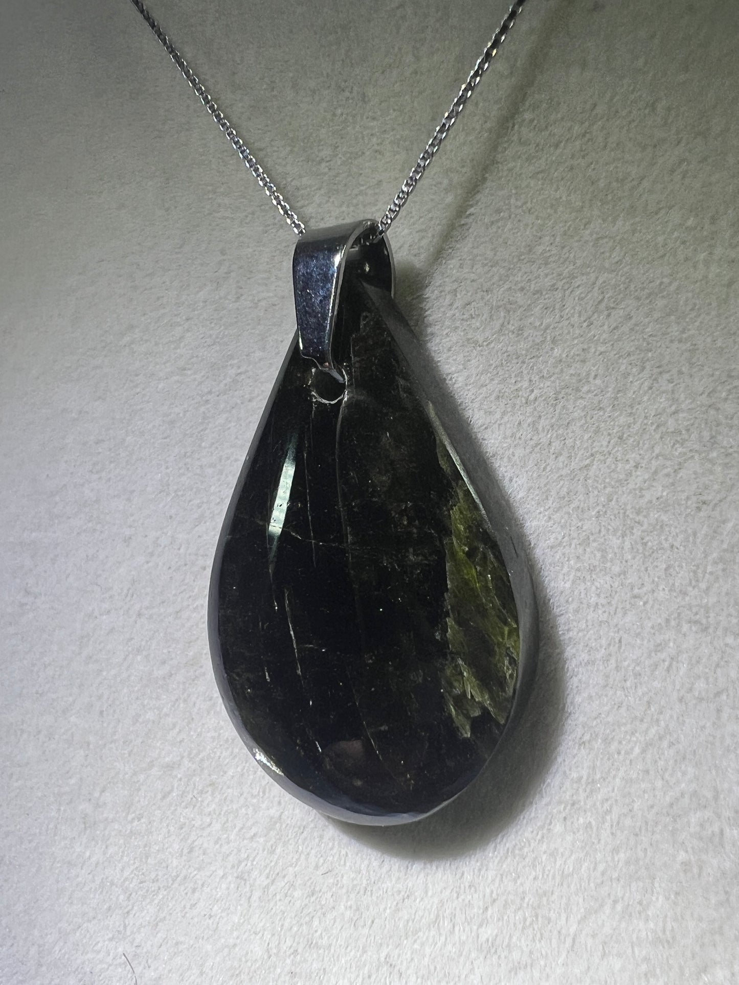 Epidote Teardrop Pendant. High Quality Gorgeous Epidote With Internal Fire From Peru. Amazing Yellow Flash. Includes S925 Silver Necklace.