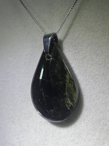 Epidote Teardrop Pendant. High Quality Gorgeous Epidote With Internal Fire From Peru. Amazing Yellow Flash. Includes S925 Silver Necklace.