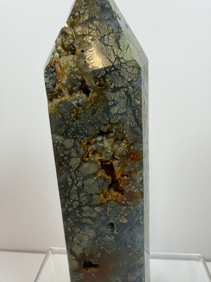 Pyrite And Chalcedony Druzy Tower. 6.75 Inches. Beautiful Display Tower With Stunning Druzy