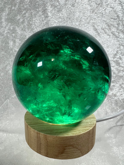 Green Fluorite Sphere. 76mm. Rare Emerald Green Fluorite. Comes With A White Light Stand. Gorgeous High Quality Crystal