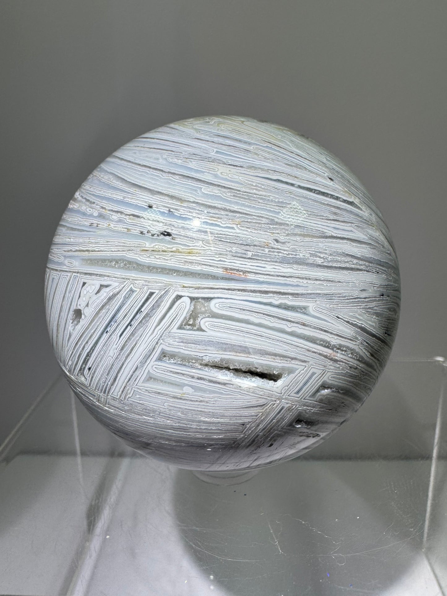 White Mexican Crazy Lace Sphere. 66mm. Beautiful Mexican Agate Sphere. Incredible Druzy And Banding.