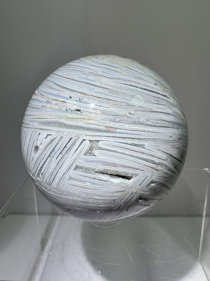 White Mexican Crazy Lace Sphere. 66mm. Beautiful Mexican Agate Sphere. Incredible Druzy And Banding.