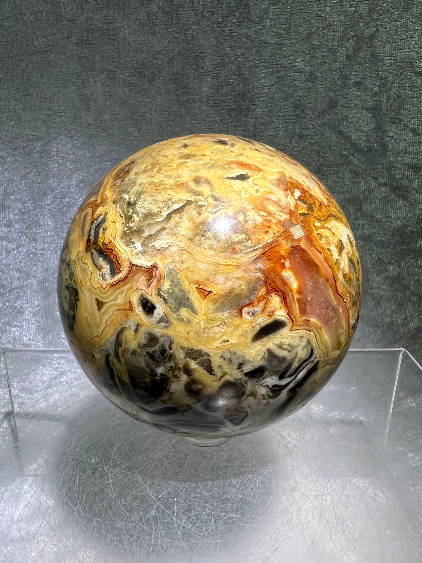 Crazy Lace Agate Sphere. 72mm. Stunning Lace And Patterns On This Sphere. Amazing Indonesian Crazy Lace Display Sphere